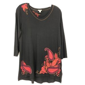 J Jill Embroidered Black V Neck Tunic Shirt Small